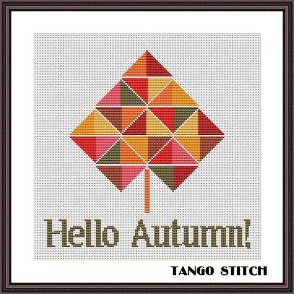 Hello autumn warm colors geometric leaf cross stitch pattern - Tango Stitch