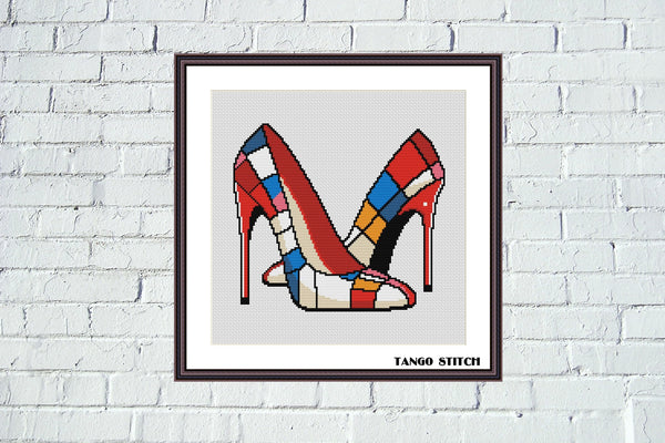 Mondrian inspired high heels cross stitch pattern - Tango Stitch