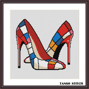 Mondrian inspired high heels cross stitch pattern - Tango Stitch