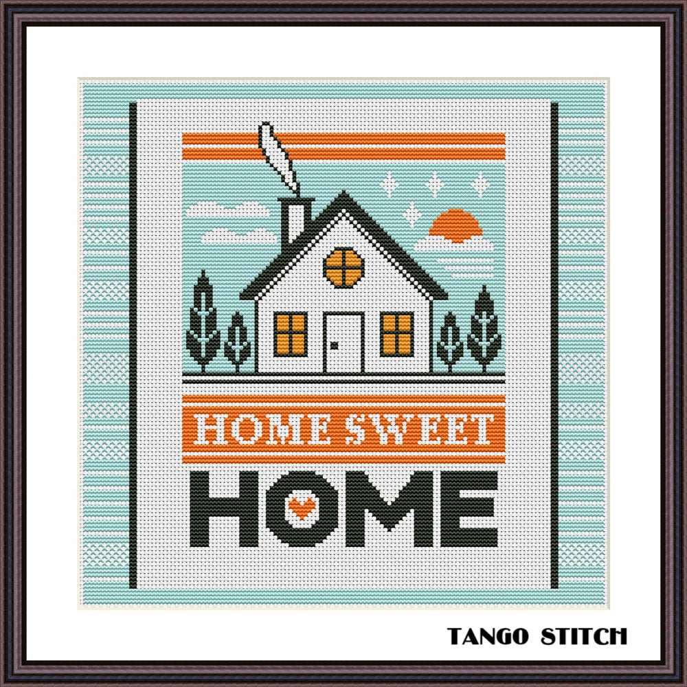 Cross-stitched design of a house with 'Home Sweet Home' text, featuring the brand 'Tango Stitc stitch pattern. Home card housewarming cross stitch pattern - Tango Stitch