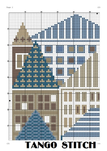 Blue city houses easy cross stitch pattern - Tango Stitch
