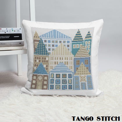 Blue city houses easy cross stitch pattern - Tango Stitch