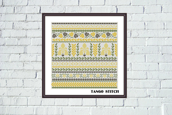 Yellow Iris sampler Art Nouveau floral cross stitch pattern - Tango Stitch