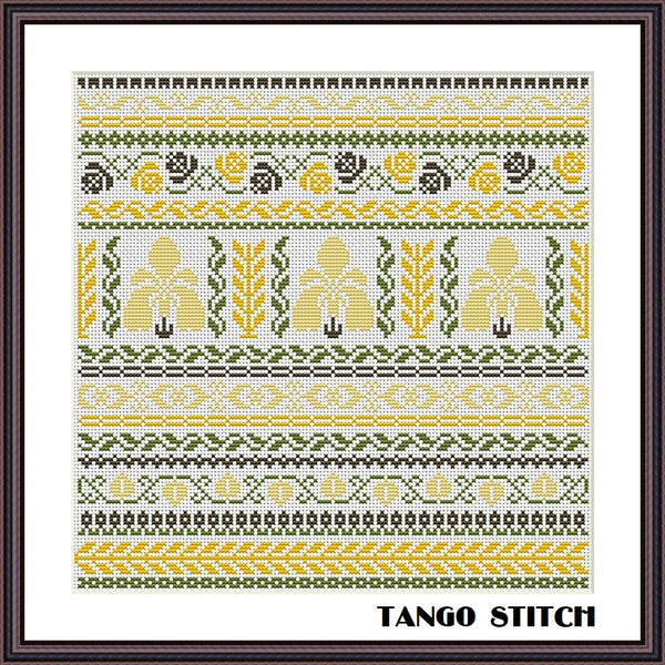 Yellow Iris sampler Art Nouveau floral cross stitch pattern - Tango Stitch