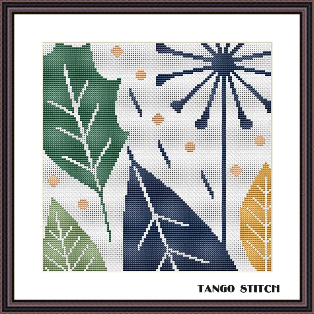 Leaves and dandelion Mid Century design cross stitch pattern - Tango Stitch