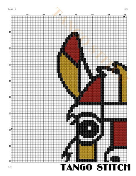 A needlepoint or pixel-art style pattern sheet labeled 'TANGO STITCH' at the bottom, showing a partially completed stylized face or character design in red, mustard yellow, black, and white on a white grid background. Mondrian Llama Geometric Alpaca Cross Stitch PDF Pattern - Tango Stitch