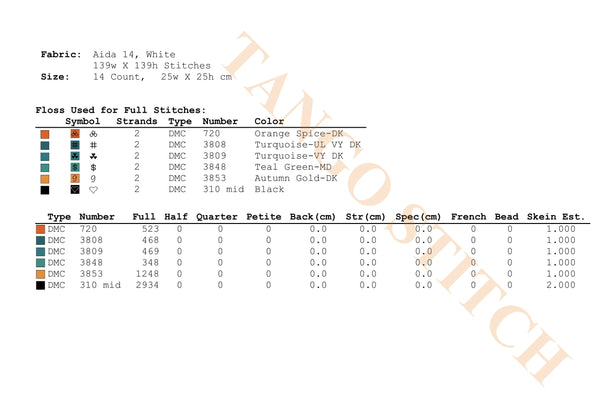 Embroidery pattern chart with fabric details, size, and color chart on a white background. Llama bright geometric cross stitch pattern - Tango Stitch