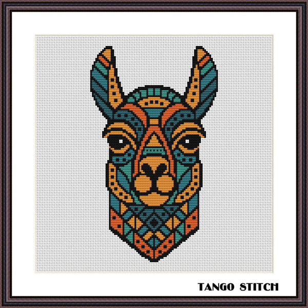 Cross-stitched llama design with geometric patterns on a white background, branded 'Tango Stitch'. Llama bright geometric cross stitch pattern - Tango Stitch