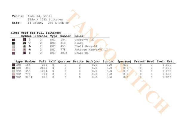 Embroidery pattern chart with fabric details, floss color chart, and stitch specifications on a white background. Ha Ha Ha No funny cross stitch pattern - Tango Stitch