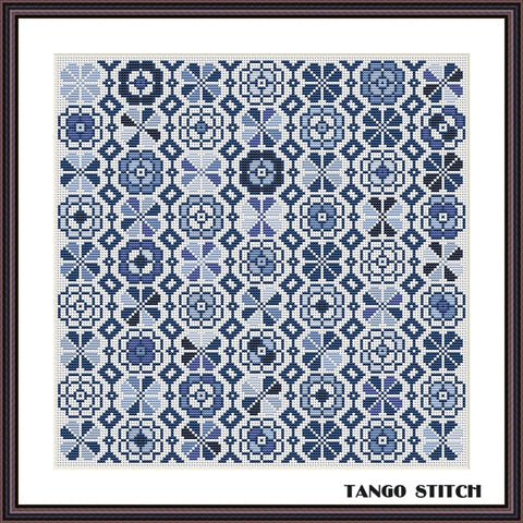 Blue ornament sampler easy cross stitch pattern - Tango Stitch