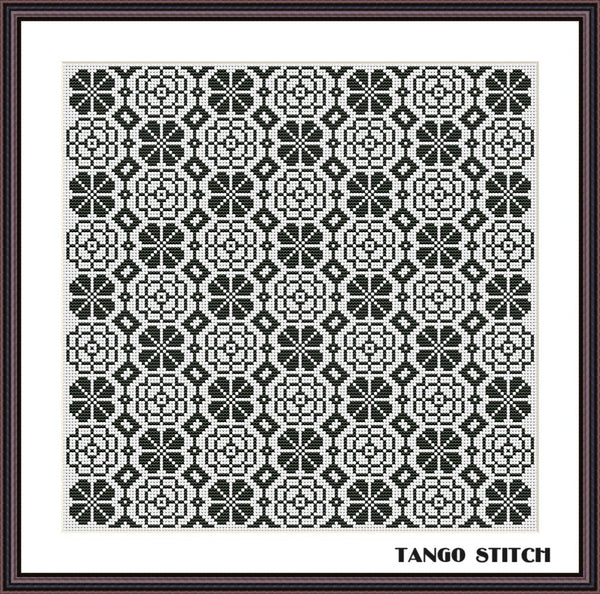 Intricate floral black ornament cross stitch pattern - Tango Stitch