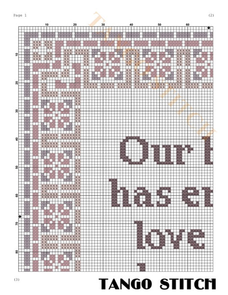 Cross-stitch pattern with text 'Our love has et' and decorative border, branded 'Tango Stitch'. Our home has endless love and laundry funny cross stitch pattern - Tango Stitch