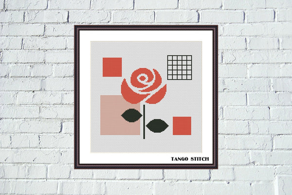 Red rose flower abstract geometric cross stitch pattern - Tango Stitch