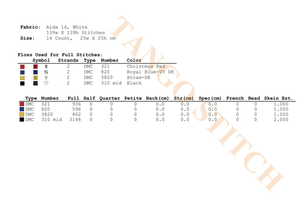 Embroidery pattern chart with fabric details, floss colors, and stitch types on a white background. Piet Mondrian inspired rose flower cross stitch pattern - Tango Stitch