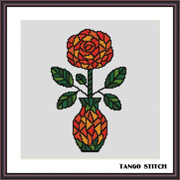 Mosaic Rose in a Vase Cross Stitch Pattern, Tango Stitch