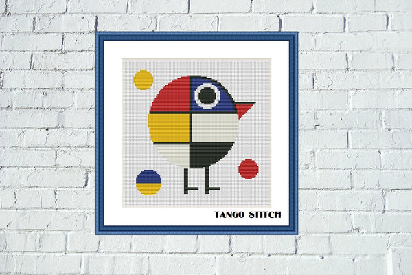 Cute round cartoon bird Mondrian style cross stitch pattern - Tango Stitch