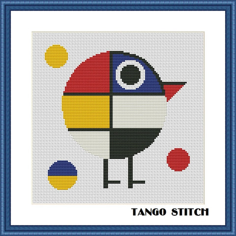 Cute round cartoon bird Mondrian style cross stitch pattern - Tango Stitch