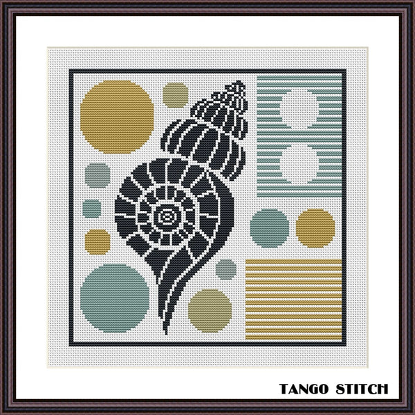 Cross-stitch pattern with a shell design and geometric shapes, featuring the brand 'Tango Stitch'. Sealife geometric cross stitch pattern - Tango Stitch