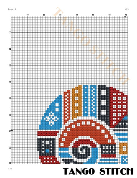 Cross-stitch pattern with colorful architectural design on a grid background, featuring the brand 'Tango Stitch'. Modern Geometric Snail Cross Stitch Pattern- Tango Stitch