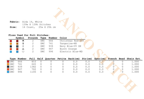 Embroidery pattern with fabric details, floss color chart, and stitch information on a white background. Modern Geometric Snail Cross Stitch Pattern- Tango Stitch