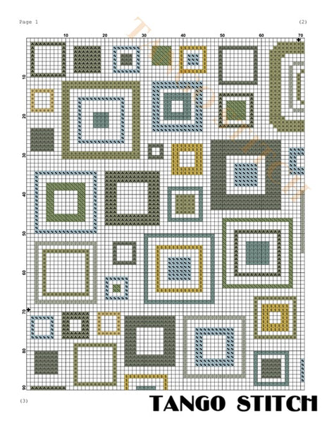 Cross-stitch pattern with geometric shapes and 'Tango Stitch' branding. Geometric squares abstract cross stitch design, Tango Stitch