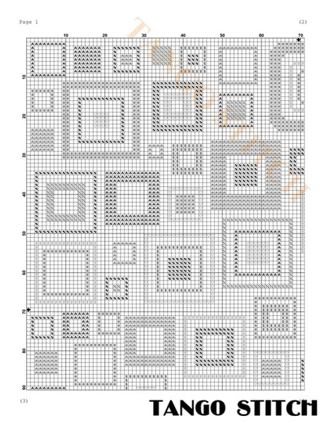 Cross-stitch pattern grid with geometric shapes and 'Tango Stitch' branding. Geometric squares abstract cross stitch design, Tango Stitch