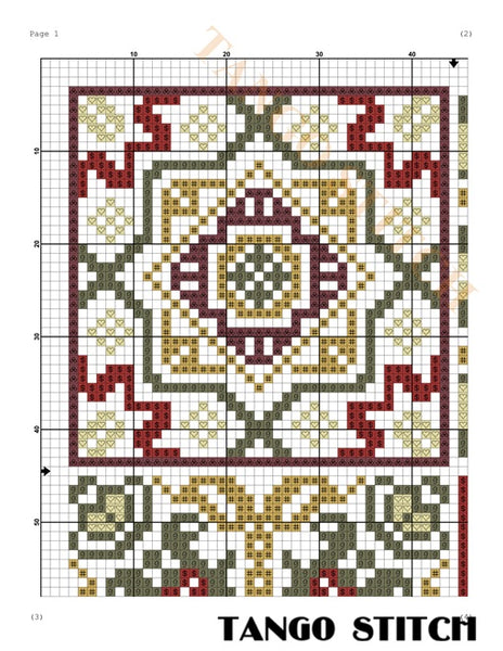 Cross-stitch pattern with geometric design on a grid background, labeled 'Tango Stitch'. Mediterranean Ornament Cross Stitch Sampler - Tango Stitch