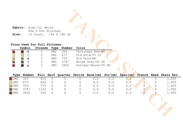 Embroidery pattern chart with fabric details, size, and color information. Mediterranean Ornament Cross Stitch Sampler - Tango Stitch