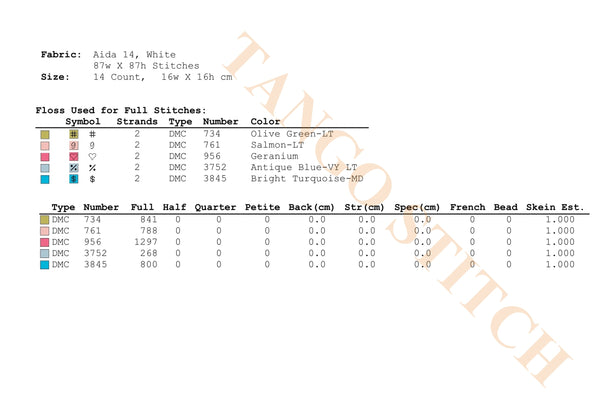 Embroidery pattern chart with fabric details, floss color chart, and stitch specifications on a white background. Vintage blue pink sampler cross stitch pattern - Tango Stitch