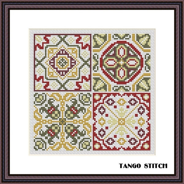 Decorative cross-stitch pattern with geometric designs in a frame, featuring the brand 'Tango Stitch'. Mediterranean Ornament Cross Stitch Sampler - Tango Stitch