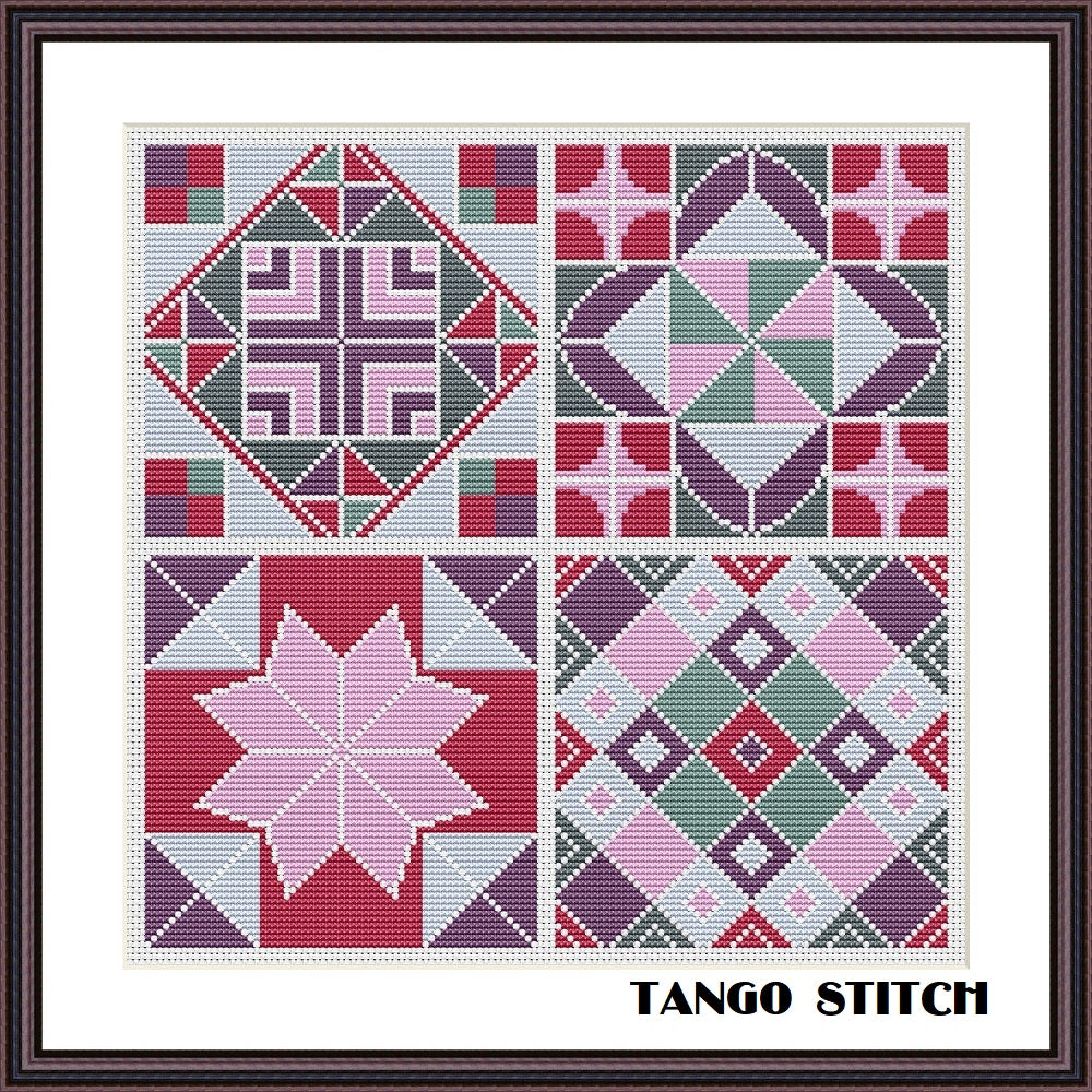 Red ceramic tiles cross stitch ornament pattern - Tango Stitch