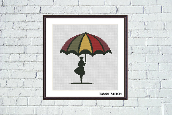 Woman silhouette with big umbrella cross stitch pattern - Tango Stitch