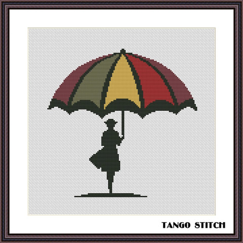 Woman silhouette with big umbrella cross stitch pattern - Tango Stitch