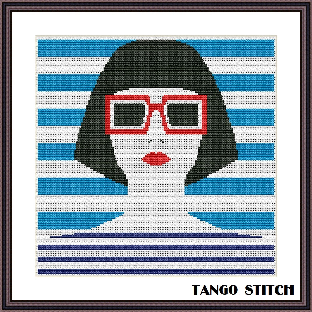 Blue Pop art woman striped cross stitch portrait pattern - Tango Stitch