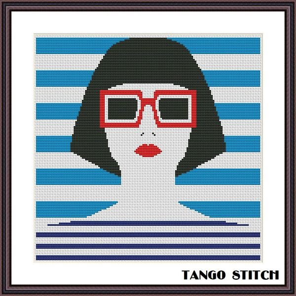 Blue Pop art woman striped cross stitch portrait pattern - Tango Stitch