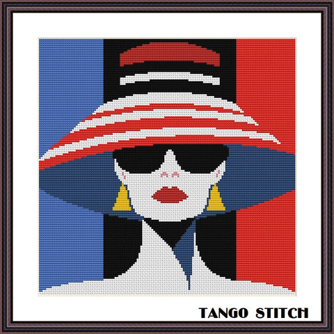 Pop art woman in a striped big hat cross stitch pattern - Tango Stitch