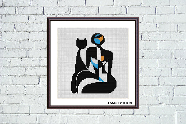 Woman and cat silhouette abstract cross stitch pattern - Tango Stitch