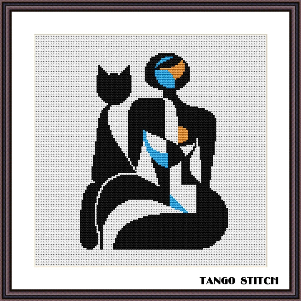 Woman and cat silhouette abstract cross stitch pattern - Tango Stitch
