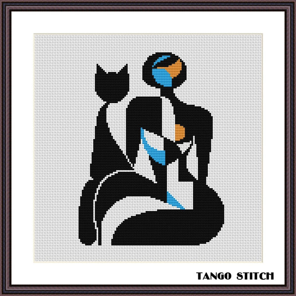 Woman and cat silhouette abstract cross stitch pattern - Tango Stitch