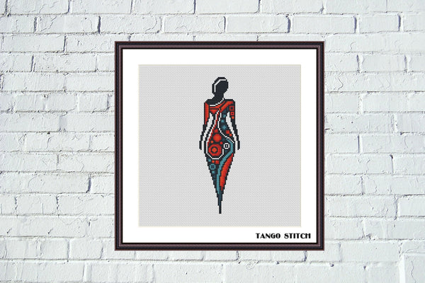 Beautiful woman silhouette wearing red blue dress cross stitch pattern - Tango Stitch