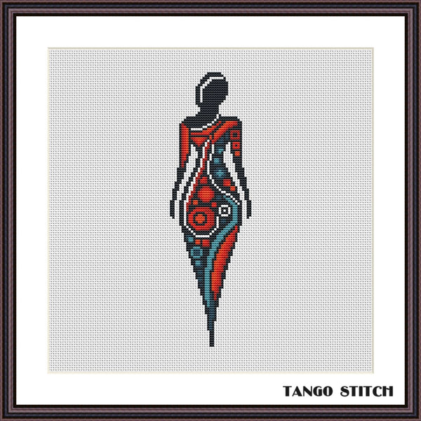 Beautiful woman silhouette wearing red blue dress cross stitch pattern - Tango Stitch