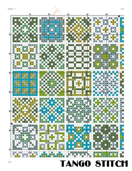 Cross-stitch pattern chart with geometric designs in green, blue, and gray on a white background. Granny squares yellow green cross stitch sampler pattern - Tango Stitch