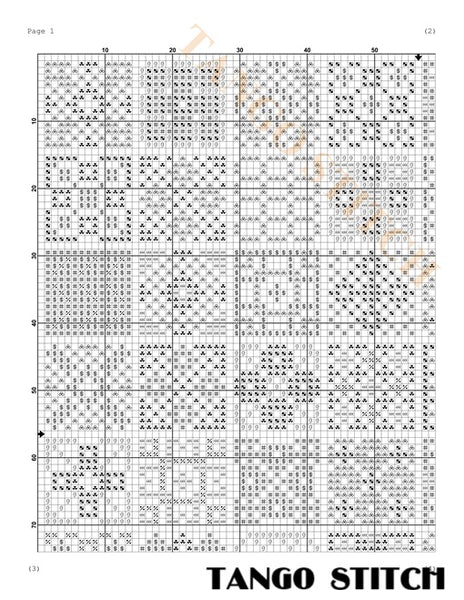 Cross stitch pattern chart with grid and symbol guide, labeled 'Tango Stitch'. Granny squares yellow green cross stitch sampler pattern - Tango Stitch