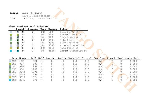 Embroidery pattern chart with fabric details, floss color chart, and stitch types. Granny squares yellow green cross stitch sampler pattern - Tango Stitch