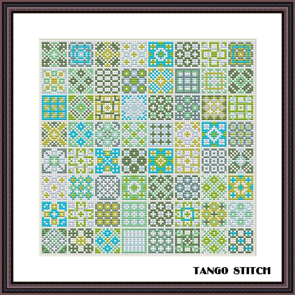 Granny squares yellow green cross stitch sampler pattern - Tango Stitch
