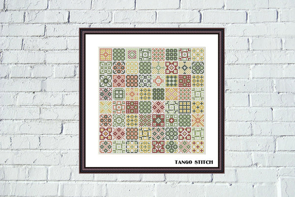 Yellow green pink square motifs cross stitch pattern - Tango Stitch