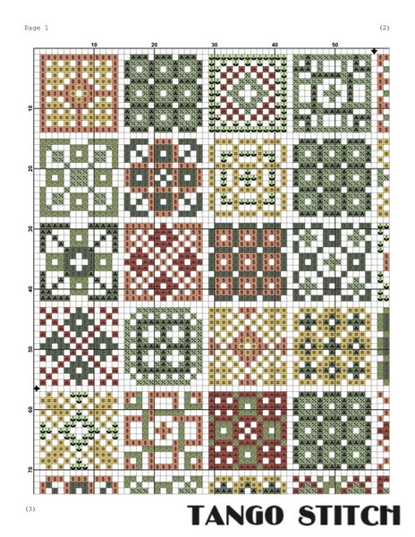 Yellow green pink square motifs cross stitch pattern - Tango Stitch