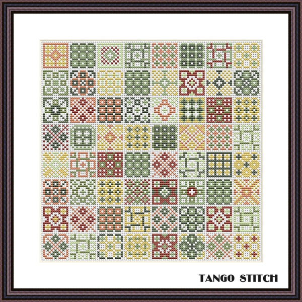 Yellow green pink square motifs cross stitch pattern - Tango Stitch