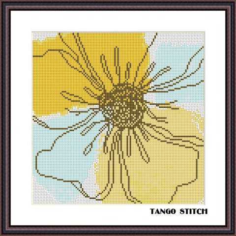 Abstract watercolor blue yellow flower cross stitch pattern - Tango Stitch