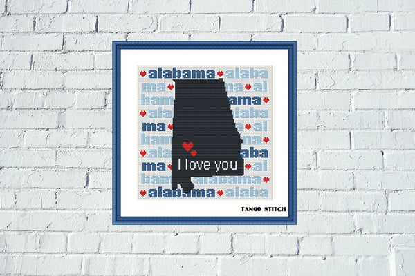 Alabama state map typography cross stitch pattern - Tango Stitch